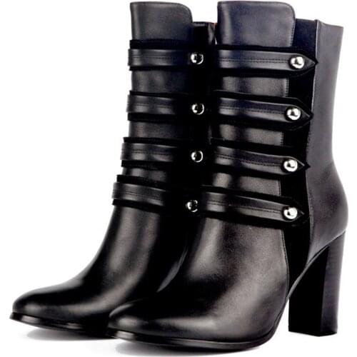 Women`s winter genuine leather boots Lady Spring Suede Fabric ankle boots Casual high-heeled cowboy boots Punk rivet Shoes