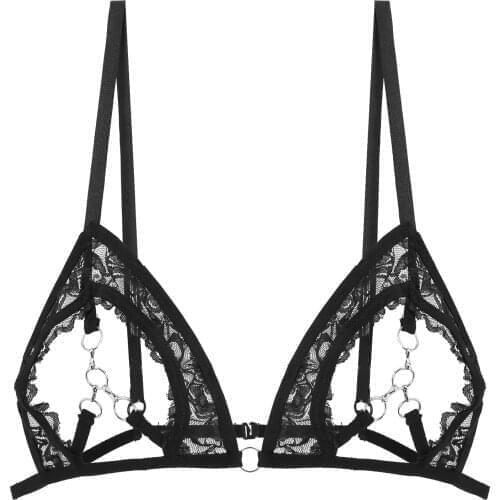 Black Women See Through Sheer Lace Lingerie Adjustable Spaghetti Shoulder Straps Open Cups Bra Top with Metal Rings Linked