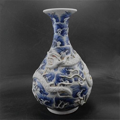 10 Antique YuanDynasty porcelain vase,Blue & white embossed dragon bottle,Hand-painted crafts,Collection&Adornment,Free shipping
