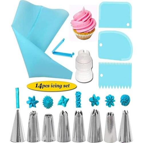 14pcs Cake Decorating Kit Piping Tips Silicone Pastry Icing Bags Nozzles Cream Scrapers Coupler Set DIY Kitchen Gadget Sets