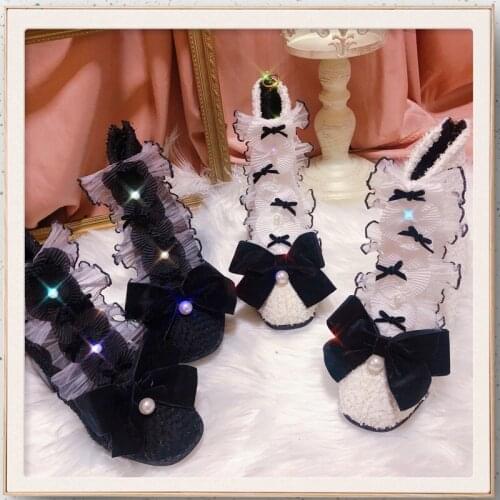 French elegant lotus leaf lace square root short tube Lolita boots retro style autumn winter womens shoes high heel 3-5cm cos