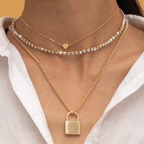 3Pcs/Set Padlock Pendant Necklace Ladies Luxury Shiny Crystal Tennis Chain Heart Shaped Clavicle Necklaces Charm Girl Jewelry