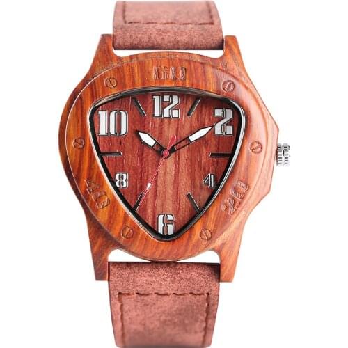 Natural Wood Watch Men Quartz Watches Triangle Dial Bamboo Wooden Handmade Watch Leather Band Bamboo Wristwatch Male Clock