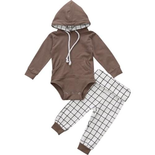 Citgeett 2PCS Newborn Baby Infant Boy Romper Hooded Jumpsuit Plaid Pants Outfits Clothes Casual Cute Hot