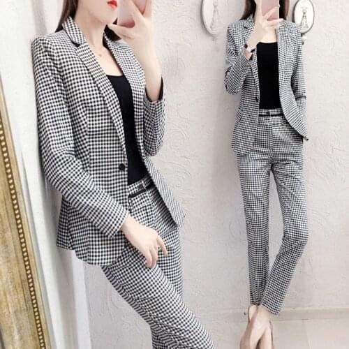 2 Piece Elegant Women Plaid Set New Fashion Vintage Office Business Casual Single Breasted Blazer Jacket Pants Feet Pants