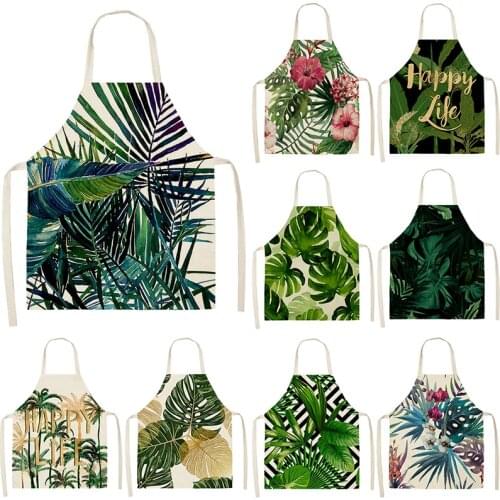 1Pcs Green Leaf pattern Cleaning Art Aprons Home Cooking Kitchen Apron Cook Wear Cotton Linen Adult Bibs 53*65cm WQ0138