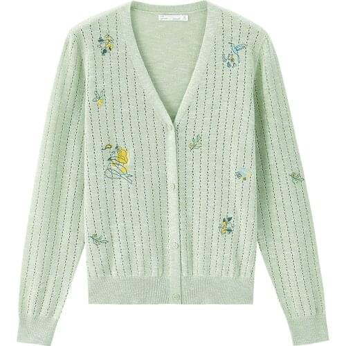 INMAN V-neck Womens Top Embroidery Knitted Sweater Hollow Out Slim Elegant Style Long Sleeve Female Outerwear Cardigan