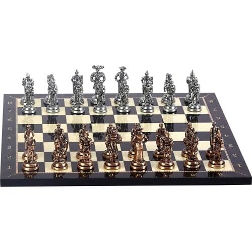 Historical Spanish Royal Guards Figures Metal Chess Set,Handmade Pieces,Walnut Patterned Wood Chess Board King 7 cm