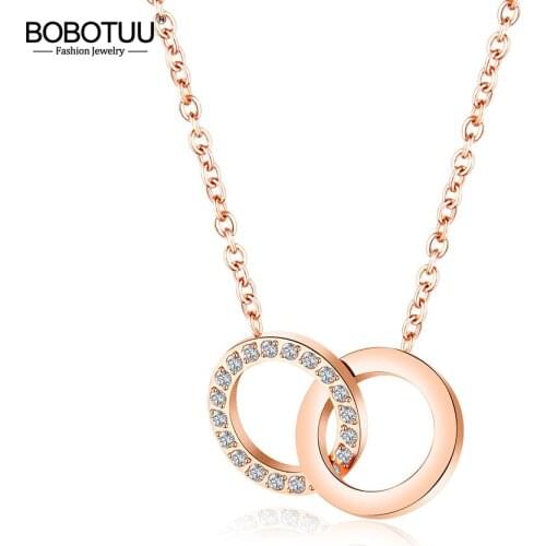 BOBOTUU Trendy Double Circle CZ Crystal Female Pendant Necklaces Stainless Steel Chain Link Choker Necklace For Girls BN17078