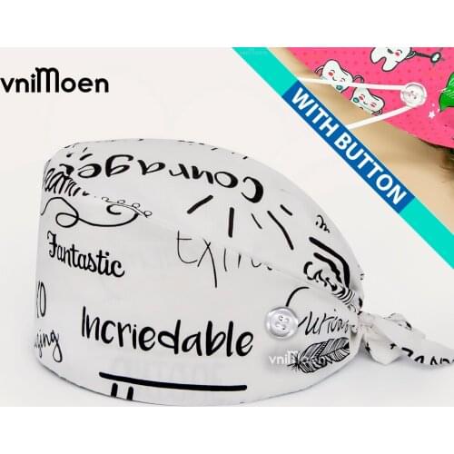 New nurse head cap Unisex Scrubs Hats with Button Women Men Printed Reuseable Casual Hats Bandage Adjustable Washable Work Caps