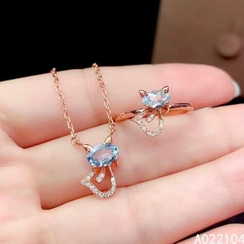 KJJEAXCMY fine jewelry 925 sterling silver inlaid Natural Sky blue topaz women elegant exquisite cat gem pendant ring set suppor