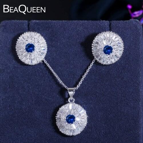 BeaQueen Lovely Irregular Round Earrings Necklace Royal Blue Cubic Zircon Crystal Fashion Party Jewelry Sets for Women JS039