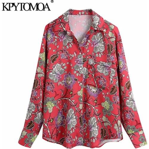KPYTOMOA Women 2021 Fashion With Pockets Floral Print Loose Blouses Vintage Long Sleeve Button-up Female Shirts Chic Tops