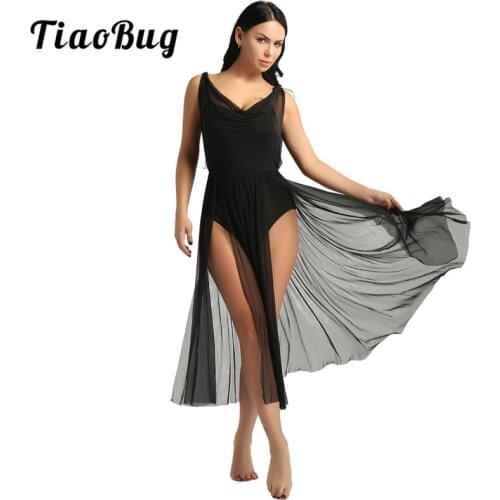 TiaoBug Women Adult Competition Stage Lyrical Dance Costume Mesh Ballet Tutu Dress Built In Shelf Bra Leotard Gymnastics Leotard