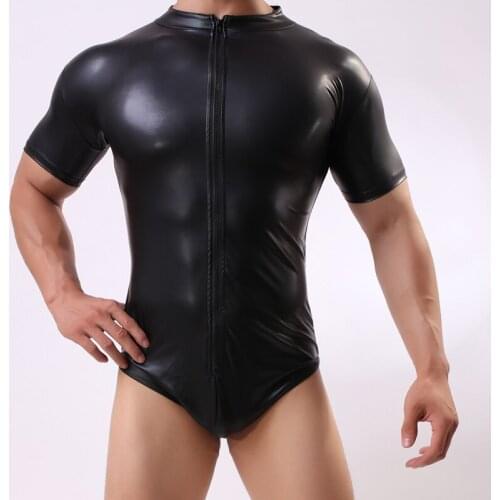 Mens Sexy Faux Leather Underwear Bodysuit Boxers Jumpsuits Wrestling Singlets Lingerie Stretch Tight Gay Jockstrap