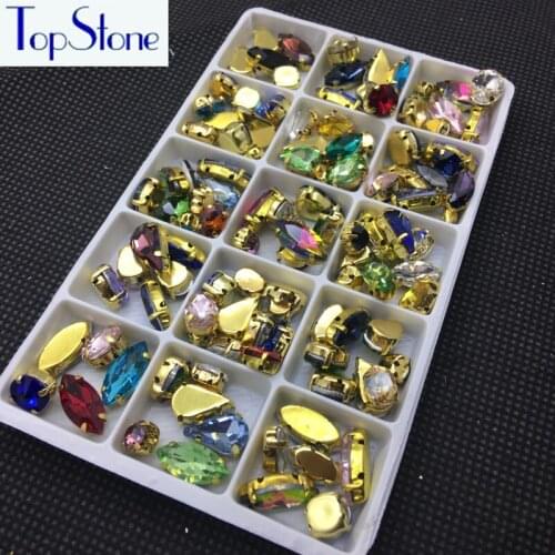100pcs Mix Colors Sew On Gold Claw Rhinestone Teardrop Horse eye Baguette Rivoli More Shapes Golden Base Sew-on Stones
