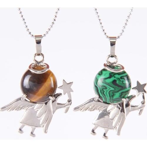 Natural Gem Stone Angel Pendant Round Quartz Beads Peace Pendants for Necklace Women Girls Charm Jewelry Flat Back D631—D641