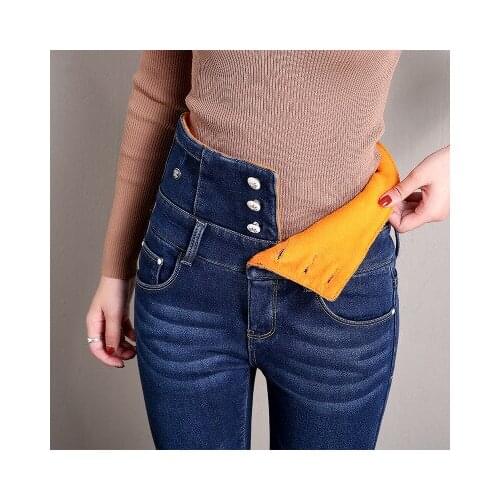 2020 New Winter High Waist stretch Female Stretch Plus Size Mom Jeans Boyfriend Jeans For Women Warm Pencil Skinny Jeans Women