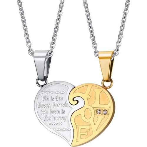 2 pcs/pair His and Hers Matching Heart Stainless Steel Pendant Love Heart Engraved Necklace for Couples Lovers eu te amo