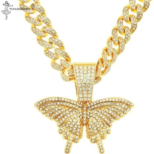Big Size Butterfly Pendant Necklace Charm Miami Curb Cuban Chain Hip Hop Necklace Rapper Gift Men Women Jewelry Golden Color New