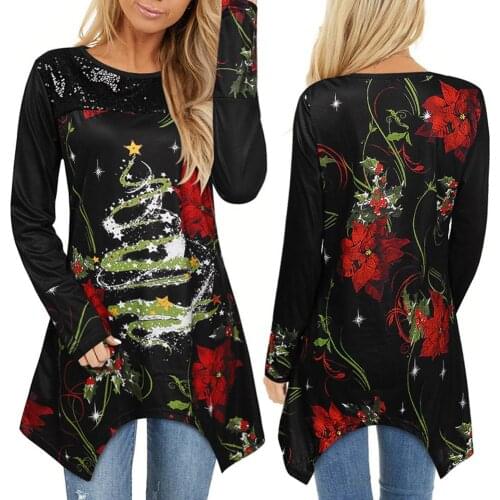 Christmas Tops Women Long Sleeve Floral Print Irregular Hem Christmas Tunic Pullover Festival Celebrate Tops Plus Size