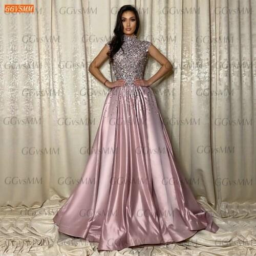 Fashion Beading Prom Dresses 2021 Pink Vestido De Fiesta Largo Satin A Line Выпускное Платье High Neck Crystal Wome Party Gowns