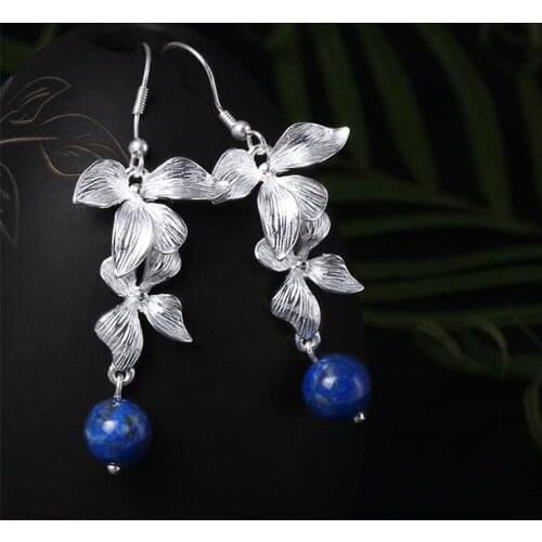 Trendy Flower Blue Lapis Stone 925 Sterling Silver Dangle Earrings for Women Female Hook Earring Fine Jewelry Christmas YEA101