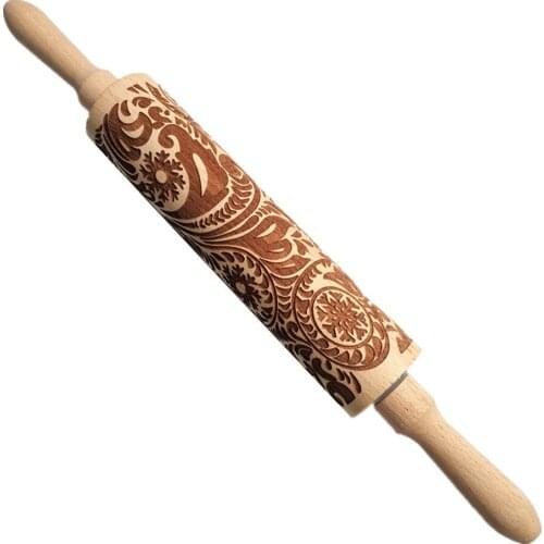 Embossing Wooden Handle Rolling Pin Engraved Carved Wood Pastry Dough Flour Roller Kitchen Rolling Pin Baking Cooking 20APR7
