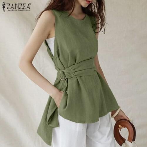 Stylish Summer Tank Tops Womens Sleeveless Blouses ZANZEA 2021 Basic Blusas Belted Female O Neck Casual Tunic Oversize Chemise