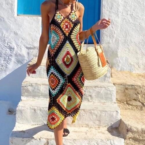 2021 Summer Holiday Robe Hand Made Contrast color Plaid Crochet Sling Dress Women V neck Backless Spaghetti Strap Dresses Robe