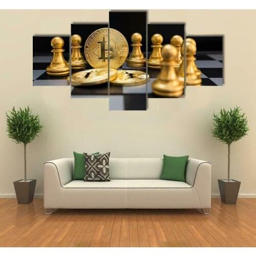 Gold Bitcoin and Chess Board 5 Pcs Canvas Wall Art Painting Home Decor Cuadros