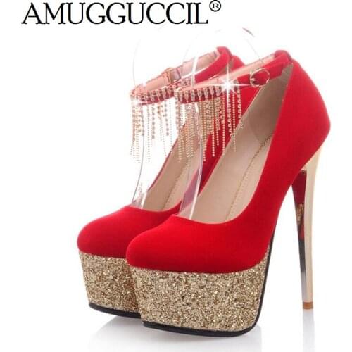 2020 New Big Size 35-48 Red Black Fashion Sexy Buckle Crystal Wedding Party 15CM High Heel Platform Lady Shoes Women Pumps D1274