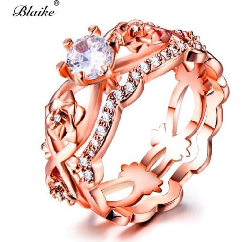 Blaike White AAA Zircon Flower Ring Sets for Women Unique Plant Jewelry Vintage Fashion Rose Gold Filled Birthstone Double Rings