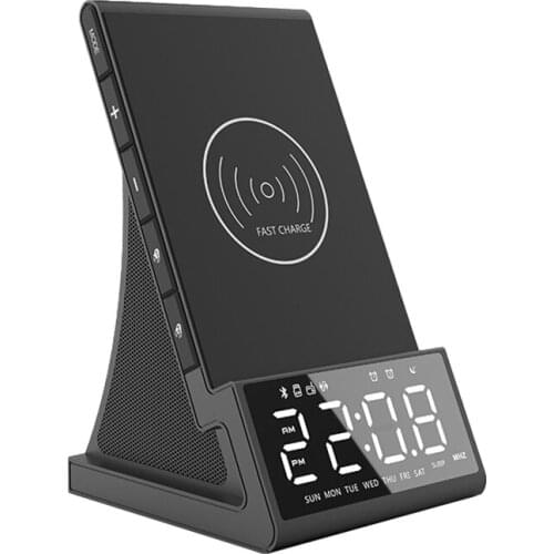 Bluetooth 10W Fast Wireless Charger Speaker with Charging Dock Stand Fm Radio USB LED Alarm Clock