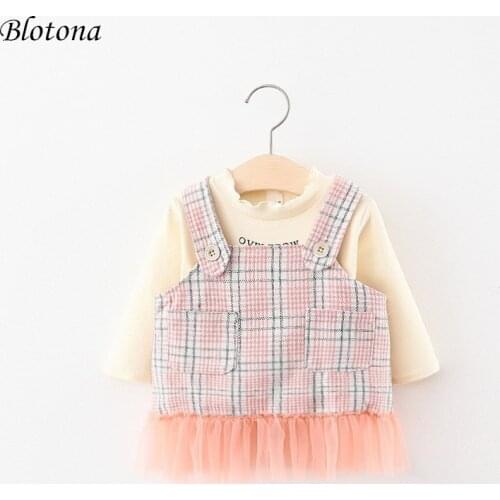 Blotona Sweet Toddler Girl Bottoming Shirt + Strap Dress Solid Color Long Sleeves Plaid Mesh Stitching Spring Fall Clothing 0-4Y