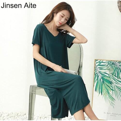 Jinsen Aite New Summer Hollow Out Modal Women Dress Casual Plus Size Loose T Shirt Dresses V-Neck Solid Long Vestidos JS796