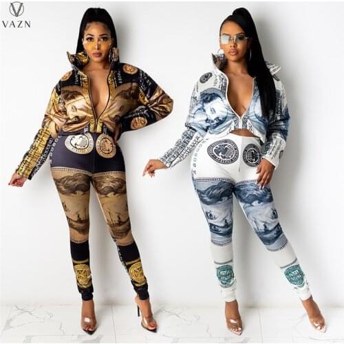 VAZN 2021 Women New Fashion Street Casual Style Sets Long Sleeve Lapel Zipper Short Top Elastic Long Pants Printed 2 Piece Set