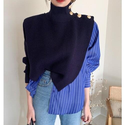 Korean Chic Spring Autumn High Collar Side Buttons Fake Two-Piece Shirt Women Splice Striped Bubble Sleeve Ladies Blue Sweater