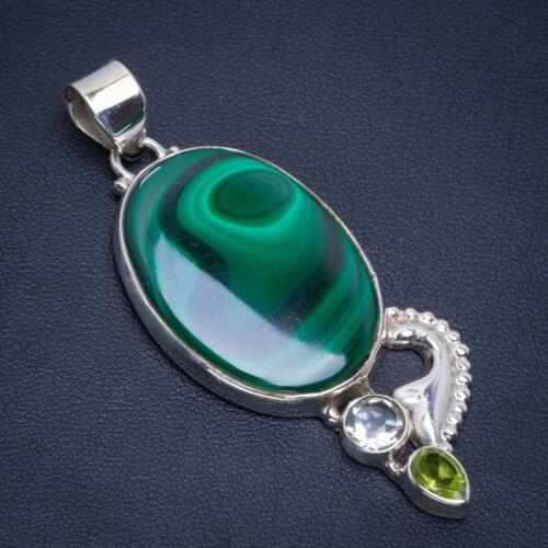 Natural Malachite,White Topaz and Peridot Handmade Unique 925 Sterling Silver Pendant 2.5" B3347