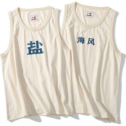 Summer Vintage Chinese Style Lovers Tank Tops Loose Casual Sleeveless Tees Workout Gym Clothing Men Women Vest 45-90kg Apricot