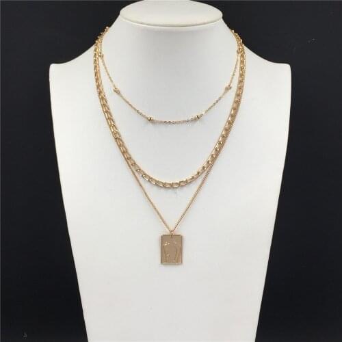 Trendy Gold Color Plating Body Line Engraved Square Pendant Layered Necklace For Women Girl Elegant Gorgeous Chic Jewelry Deco
