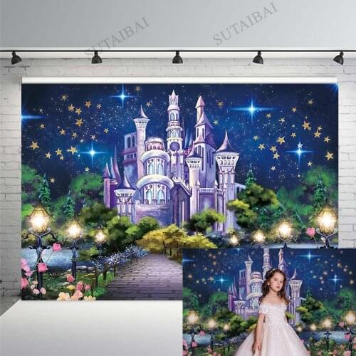 Night Castle Wonderland Backdrop Starry Sky Twinkle Lakeside Flowers Wedding Photography Background Baby Shower Party Banner