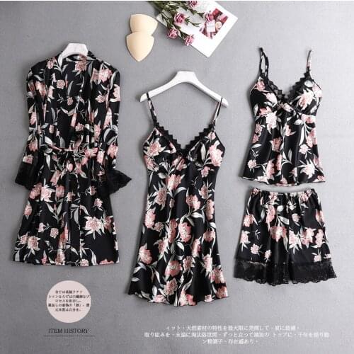 New Silk Pajamas Womens Four-Piece Thin Viscose Fiber Printed Nightdress Nightgown Suit Sexy Chest Pad Leisure Tops