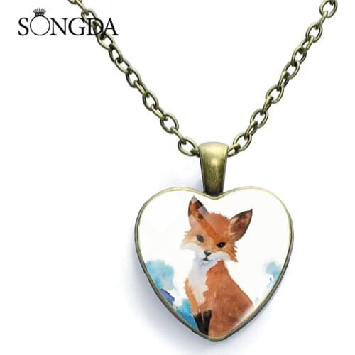 Charm Fox Heart Shape Glass Dome Pendant Necklace Choker Chain Animal Fox Art Photo Cabochon Necklace For Women Jewelry
