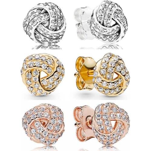 Original Rose Golden Shine Sparkling Love Knot With Crystal Stud Earrings For Women Wedding Gift Europe DIY Jewelry