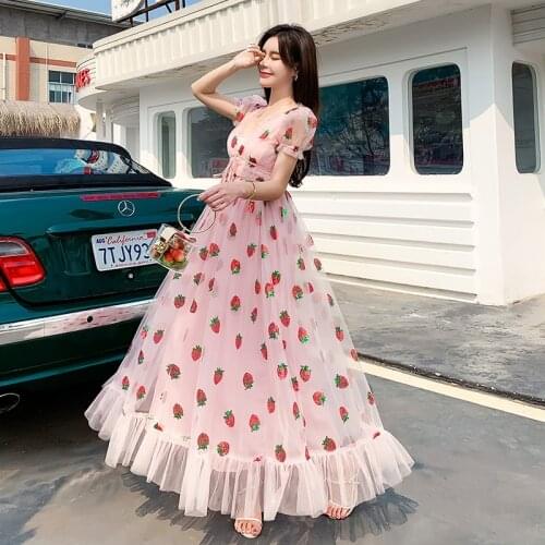 Puff Sleeve Bow Pink Tulle Mesh Long Dress Strawberry Dress Sequined Embroidery Cascading Ruffle Maxi Dress Women Summer V-Neck