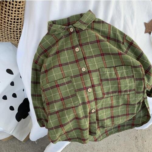 2021 new girls boys plaid shirt cotton linen spring summer full sleeve kids top