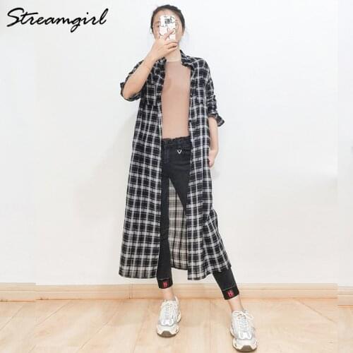 Women Shirt Plaid Oversize Long Cotton Linen Shirts Summer Thin Blouse Plaid Long Sleeve Boyfriend Loose Long Shirt Women 2021