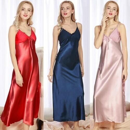 Ladies Sexy Faux Silk Satin Long Night Dress Sleeveless V-neck Bow Nightgown Strappy Nightdress Lace Sleepwear Nightwear Dress