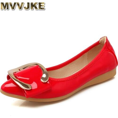 MVVJKE Pointed Toe Spring Women Shoes Soft Comfortable Shoes Woman Patent Leather Metal Buckle Foldable Ballet FlatsBig SizeE057